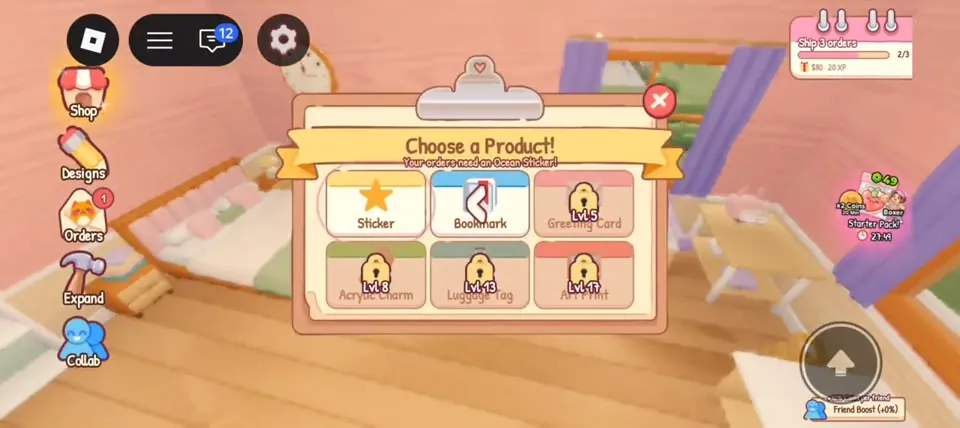 Choose a Product menu: Sticker, Bookmark, Greeting Card Lvl 5, Acrylic Charm Lvl 8, Luggage Tag Lvl 13, Art Print Lvl 17