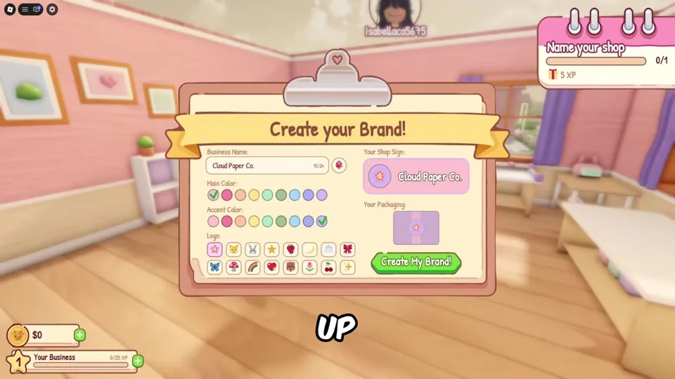 Create your Brand screen with business name Cloud Paper Co., main and accent colours, logo icons, shop sign and packaging preview