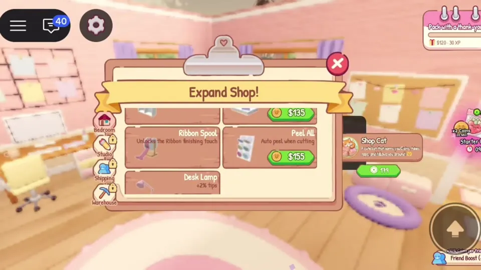 Expand Shop menu with Bedroom, Studio, Shipping and Warehouse tabs and items like Ribbon Spool and Peel All