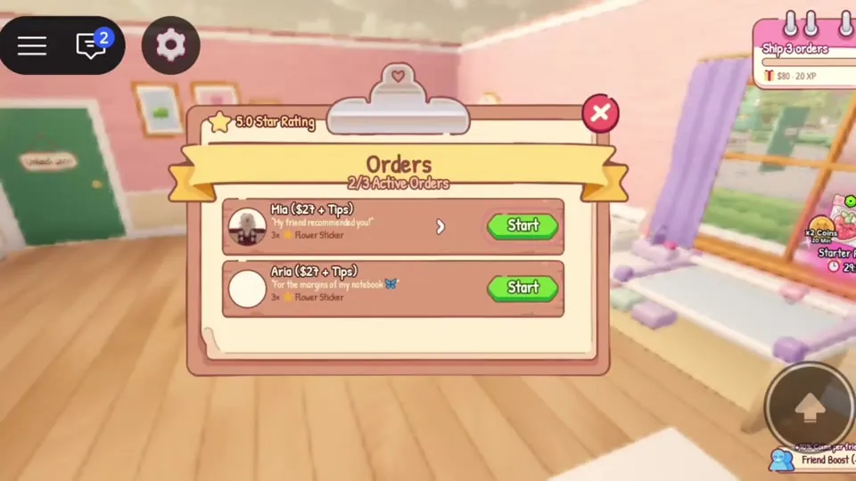 Orders board with 5.0 star rating and active orders
