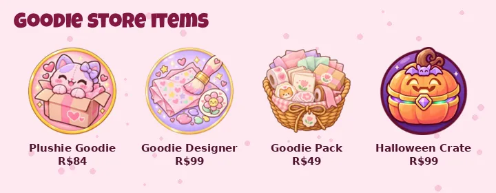 Store icons for Plushie Goodie, Goodie Designer, Goodie Pack and Halloween Goodie Crate
