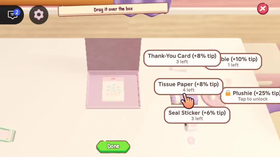 Packing screen with goodies: Thank-You Card +8%, Tissue Paper +8%, Seal Sticker +6%, Plushie +25% locked