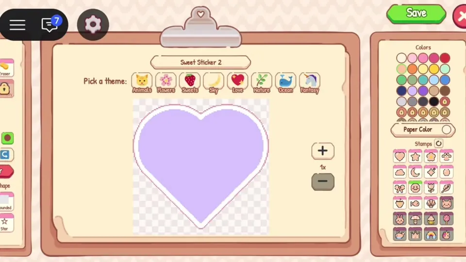 Purple heart sticker being decorated with stamps in the editor