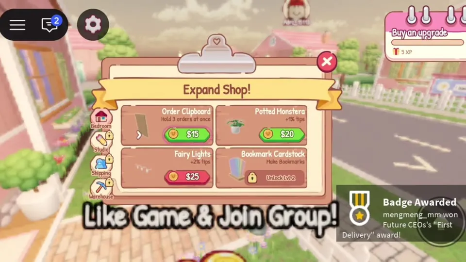 Expand Shop menu with a Like Game and Join Group banner and a First Delivery badge notification