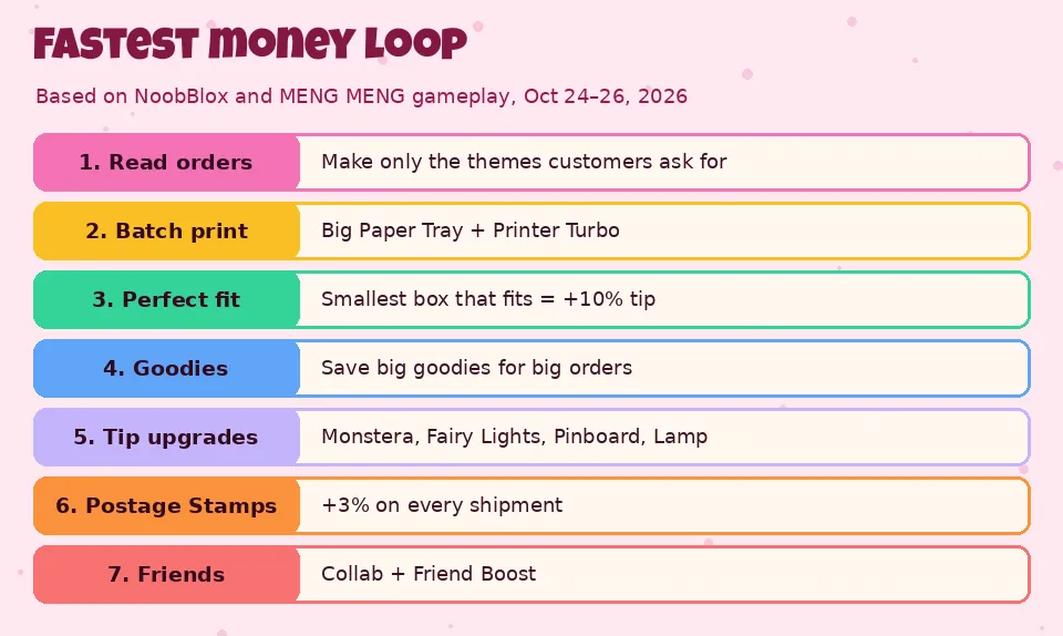 Seven-step card for making coins fast in My Small Business