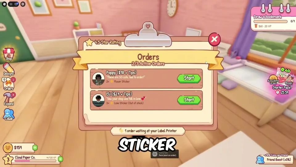 Orders board showing 5.0 star rating, 2 of 3 active orders from Poppy and Eli with Start buttons