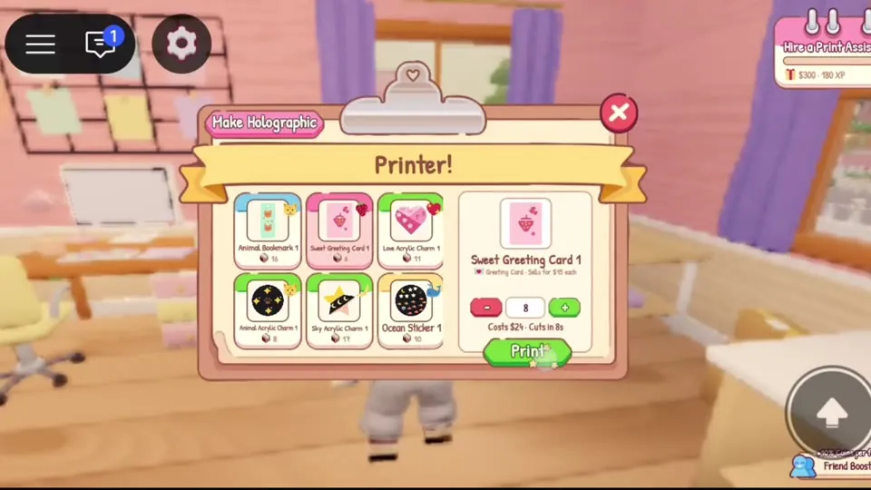 Printer menu showing Animal Bookmark, Sweet Greeting Card, Love Acrylic Charm and other designs
