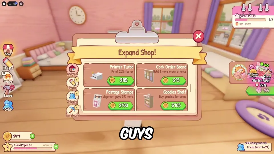 Expand Shop: Printer Turbo $85, Cork Order Board $95, Postage Stamps $100, Goodies Shelf $105