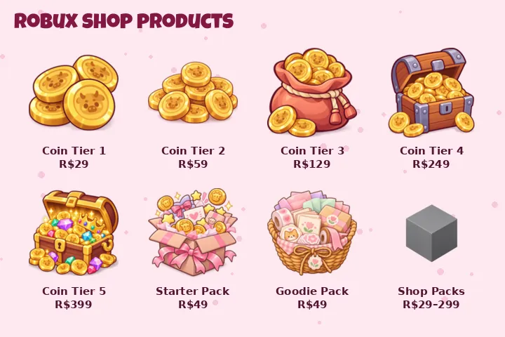 Grid of coin tiers and packs with Robux prices