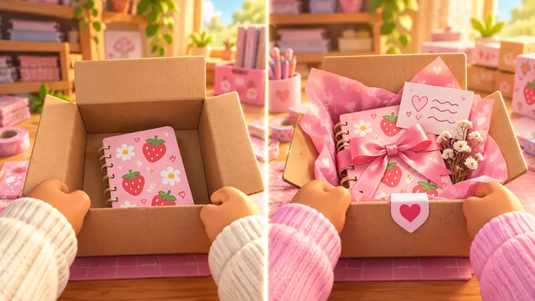 Two-panel thumbnail: a plain box with a notebook, then the same box decorated with a bow and goodies