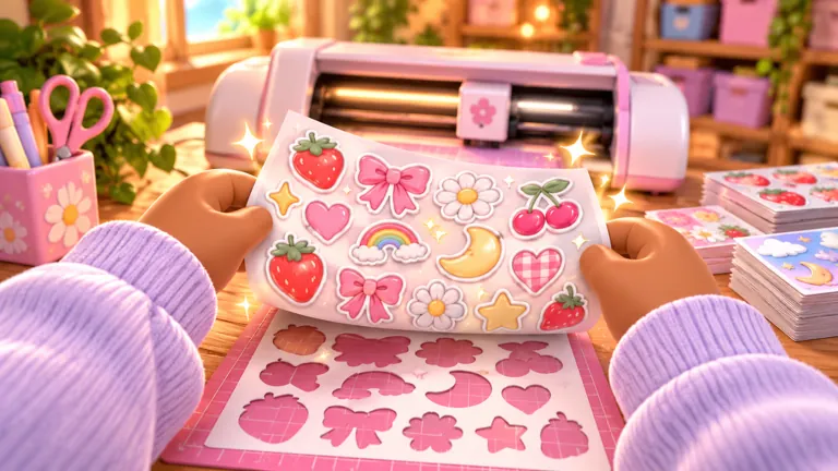 Hands holding a freshly cut sticker sheet of strawberries, bows, cherries and flowers in front of a cutting machine