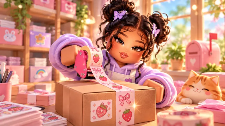 Roblox avatar in a lilac hoodie taping a parcel with a strawberry sticker, cat sleeping beside